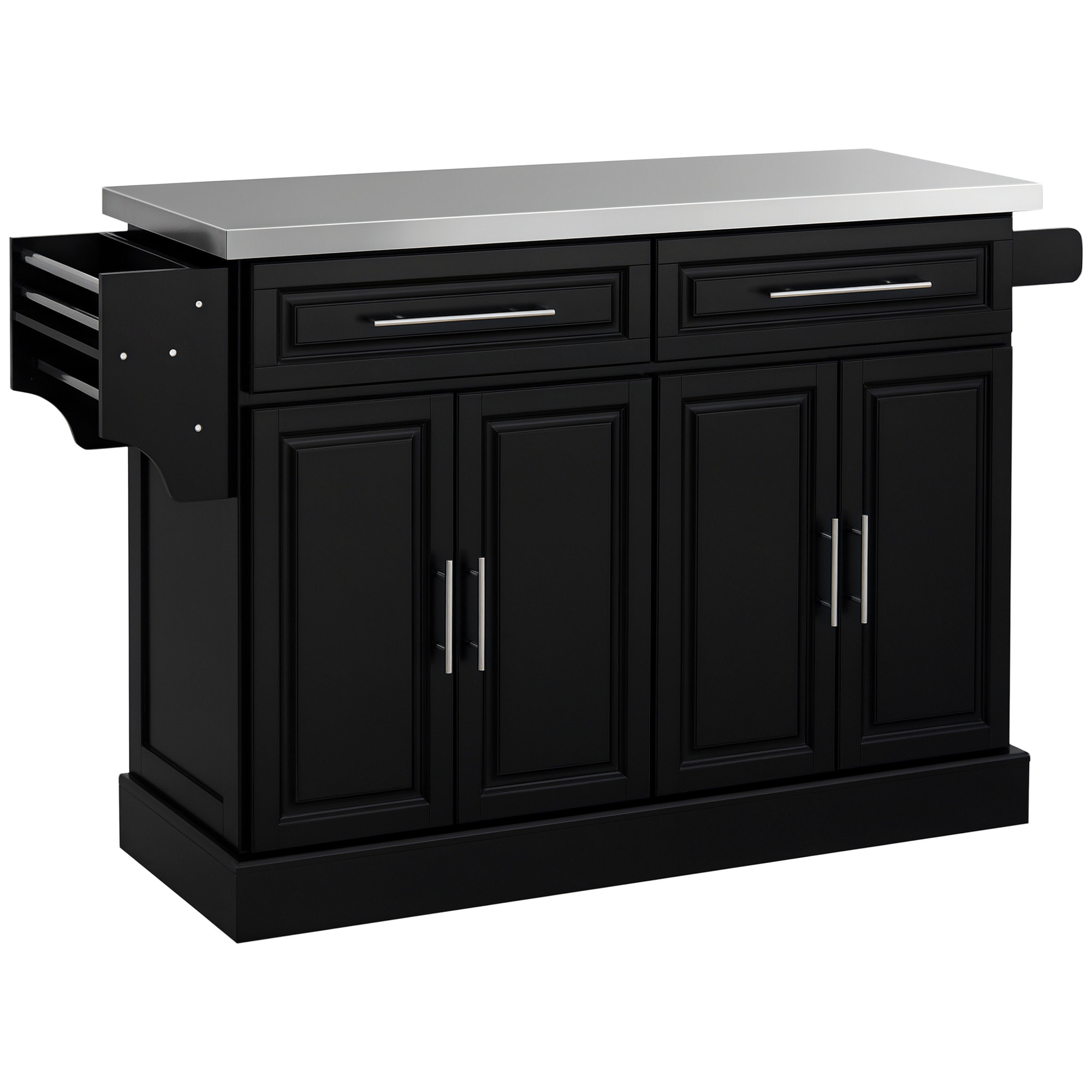 Isla de Cocina con Ruedas Carro de Cocina con Tablero de Acero Inoxidable 2 Cajones 4 Puertas 2 Estantes Ajustables Especiero y Toallero 145x45x93 cm Negro