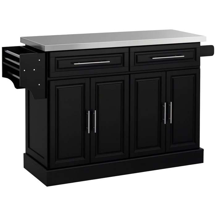 Isla de Cocina con Ruedas Carro de Cocina con Tablero de Acero Inoxidable 2 Cajones 4 Puertas 2 Estantes Ajustables Especiero y Toallero 145x45x93 cm Negro