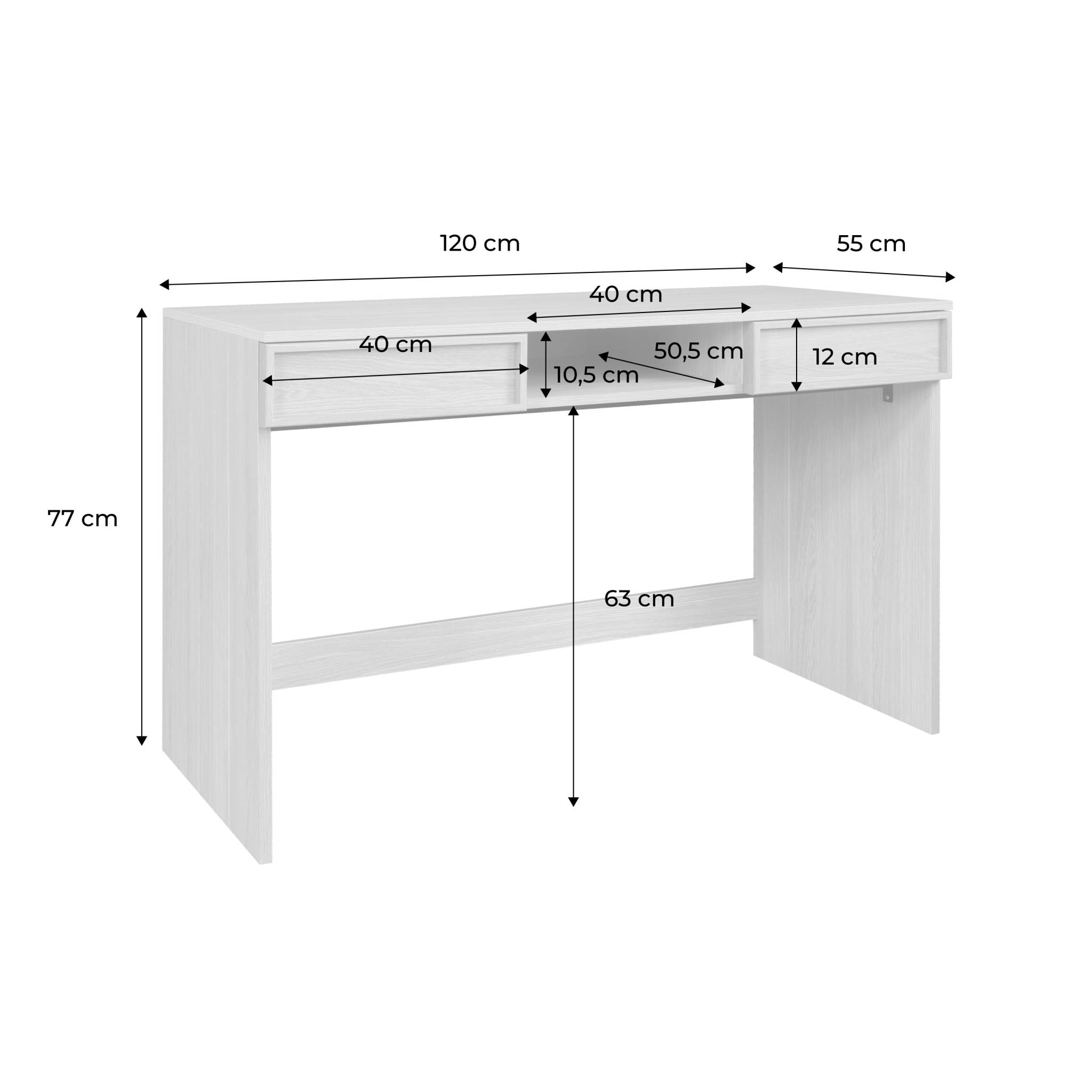 Bureau effet bois naturel 2 tiroirs 1 niche 120cm - L 120 x P 55 x H 77cm - Kuba