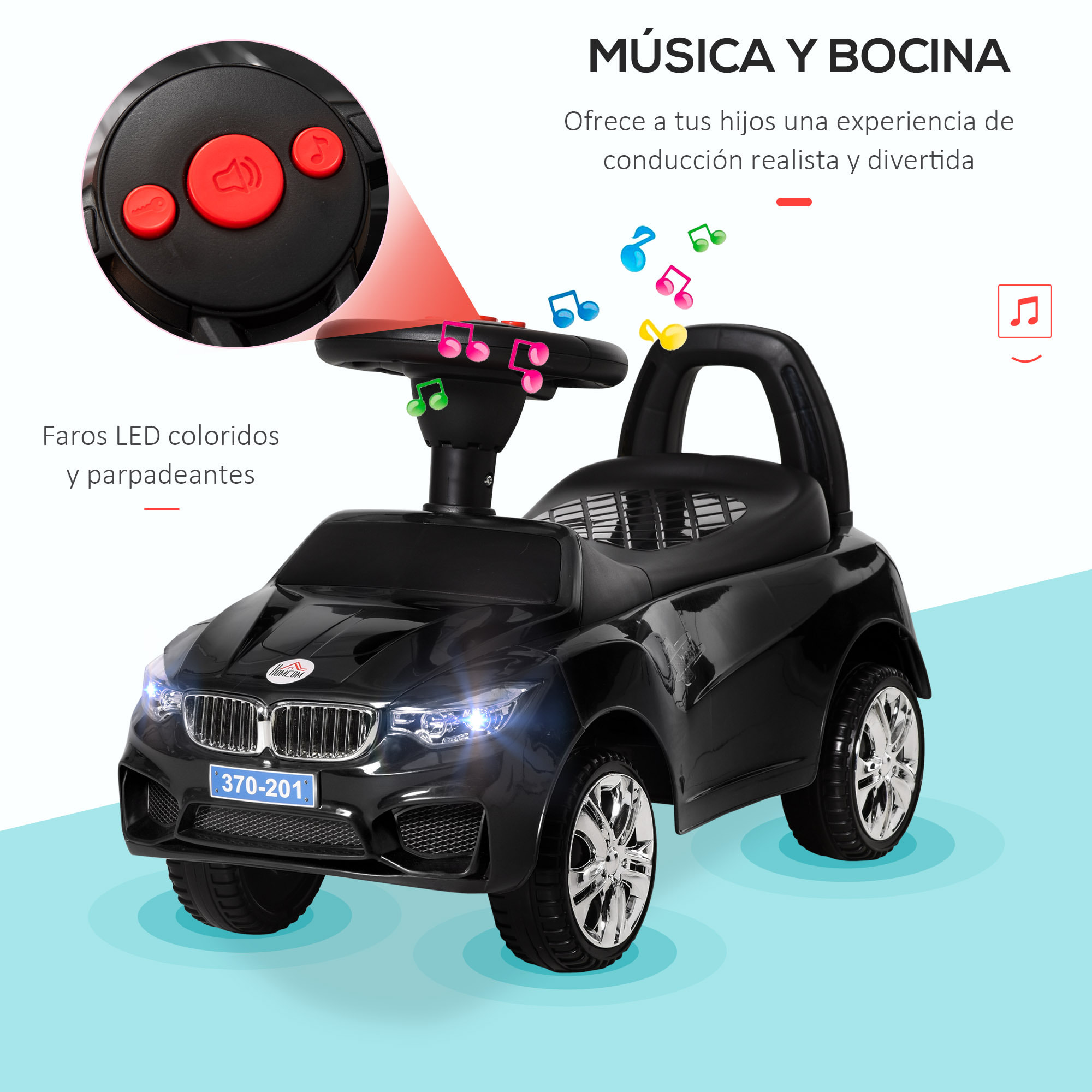 Coche Correpasillos para Niños de 18-36 Meses Andador Correpasillos con Faros Música Bocina Volante Espacio de Almacenaje y Asa para Empujar 63,5x28x36 cm Negro