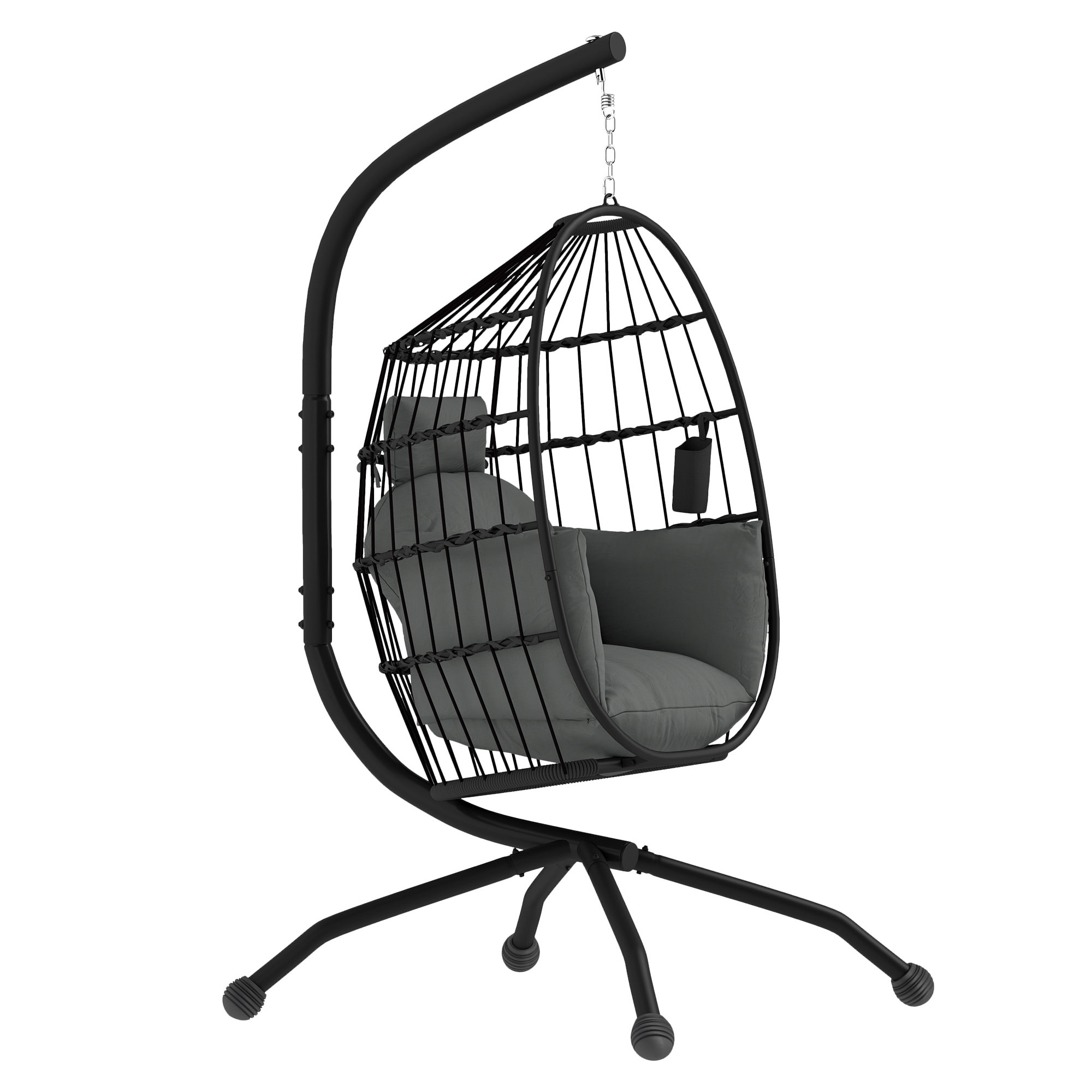Silla Colgante Huevo con Soporte Columpio Jardín Exterior con Cesta Plegable Cojín y Reposacabezas Portavaso Columpio Colgante para Interior y Exterior Carga 120 kg Negro