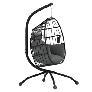 Silla Colgante Huevo con Soporte Columpio Jardín Exterior con Cesta Plegable Cojín y Reposacabezas Portavaso Columpio Colgante para Interior y Exterior Carga 120 kg Negro