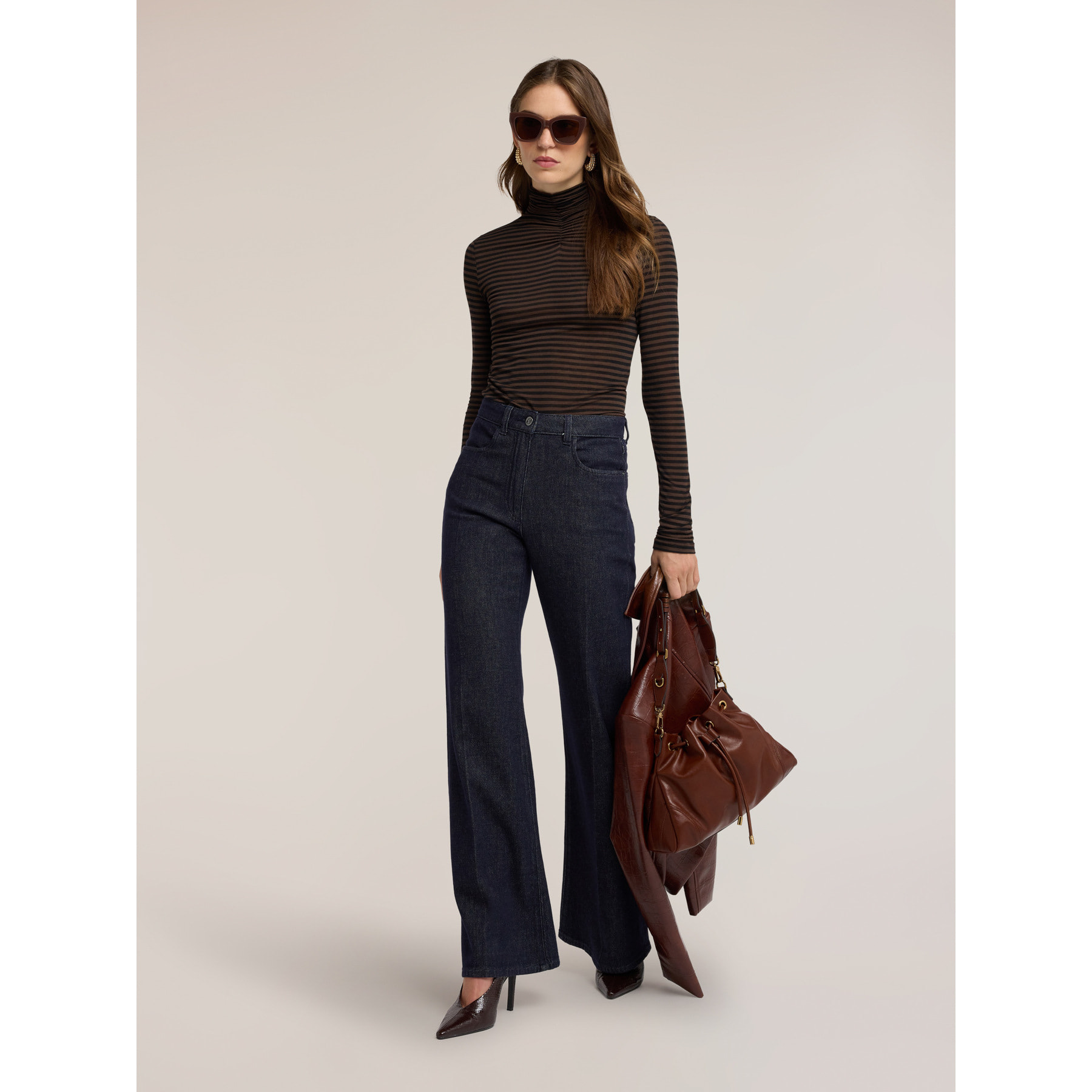 Motivi - Dolcevita a righe in misto cashmere con arricciatura - Marrone