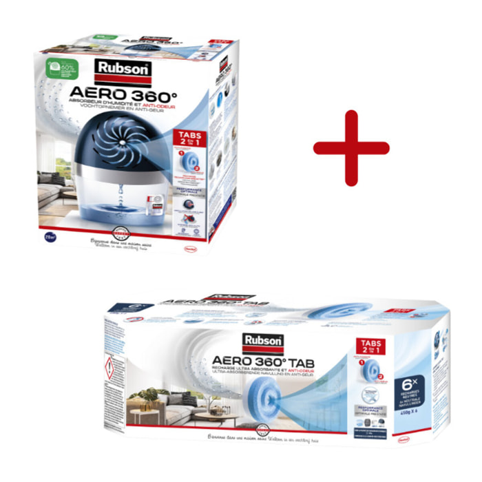 Rubson AERO 360° Absorbeur d'humidité 20 m² Incluant 1 Recharge + Lot de 6 Recharges Neutres Ultra Absorbantes