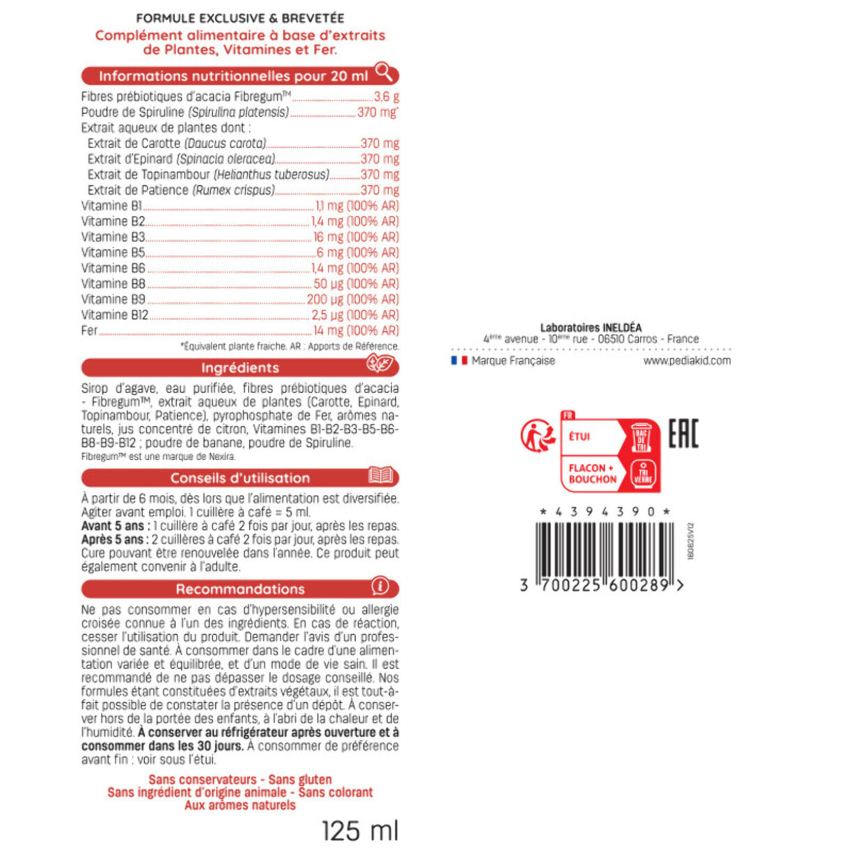 PEDIAKID - Sirop Fer + Vitamines B - Complément Alimentaire Naturel - Formule Exclusive au Sirop d'Agave - Optimise les Apports en Fer - Contribue à Réduire la Fatigue - Lot de 3 Flacons 125ml