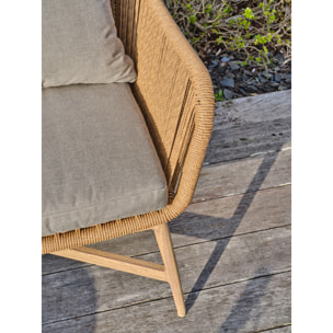 PALMAS - Salon bas de jardin 5 places alu aspect bois, teck et corde tissée