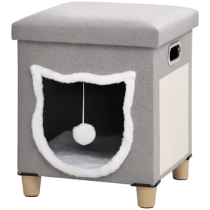 Niche chat grattoir pouf 3 en 1 design porte tête de chat - coussin bouclette amovible inclus - tissu gris