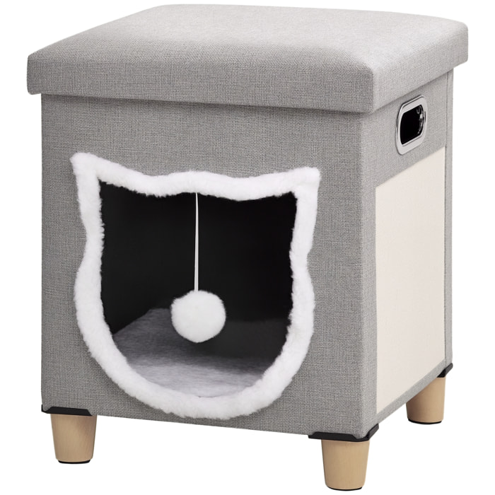 Niche chat grattoir pouf 3 en 1 design porte tête de chat - coussin bouclette amovible inclus - tissu gris