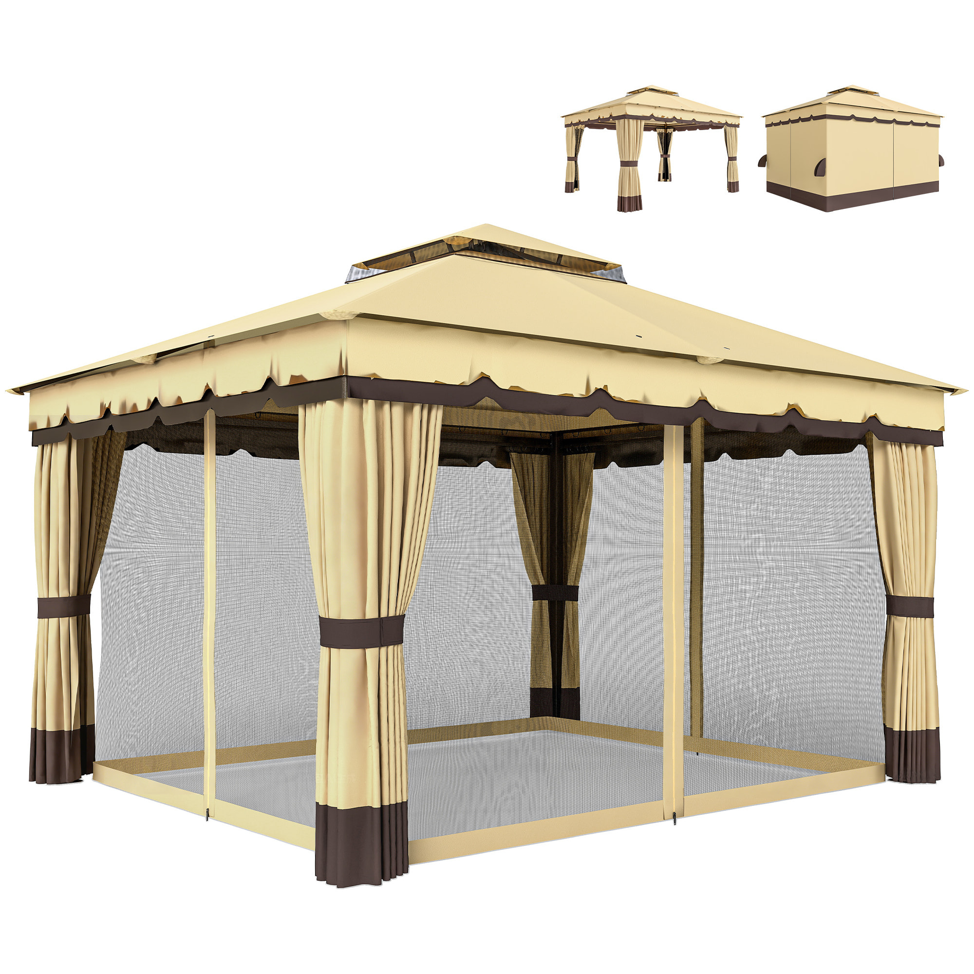 de Jardín 3,7x3 m, Pabellón de Jardín Gazebo con Doble Techo, 4 Cortinas y Mosquitera, Marco de Acero, Orificios de Drenaje, UV30+, para Exterior, Terraza, Patio, Beige