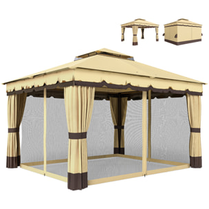 de Jardín 3,7x3 m, Pabellón de Jardín Gazebo con Doble Techo, 4 Cortinas y Mosquitera, Marco de Acero, Orificios de Drenaje, UV30+, para Exterior, Terraza, Patio, Beige