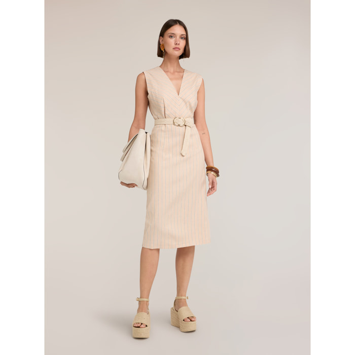 Motivi - Vestido tubo de rayas en mezcla de lino - Beige