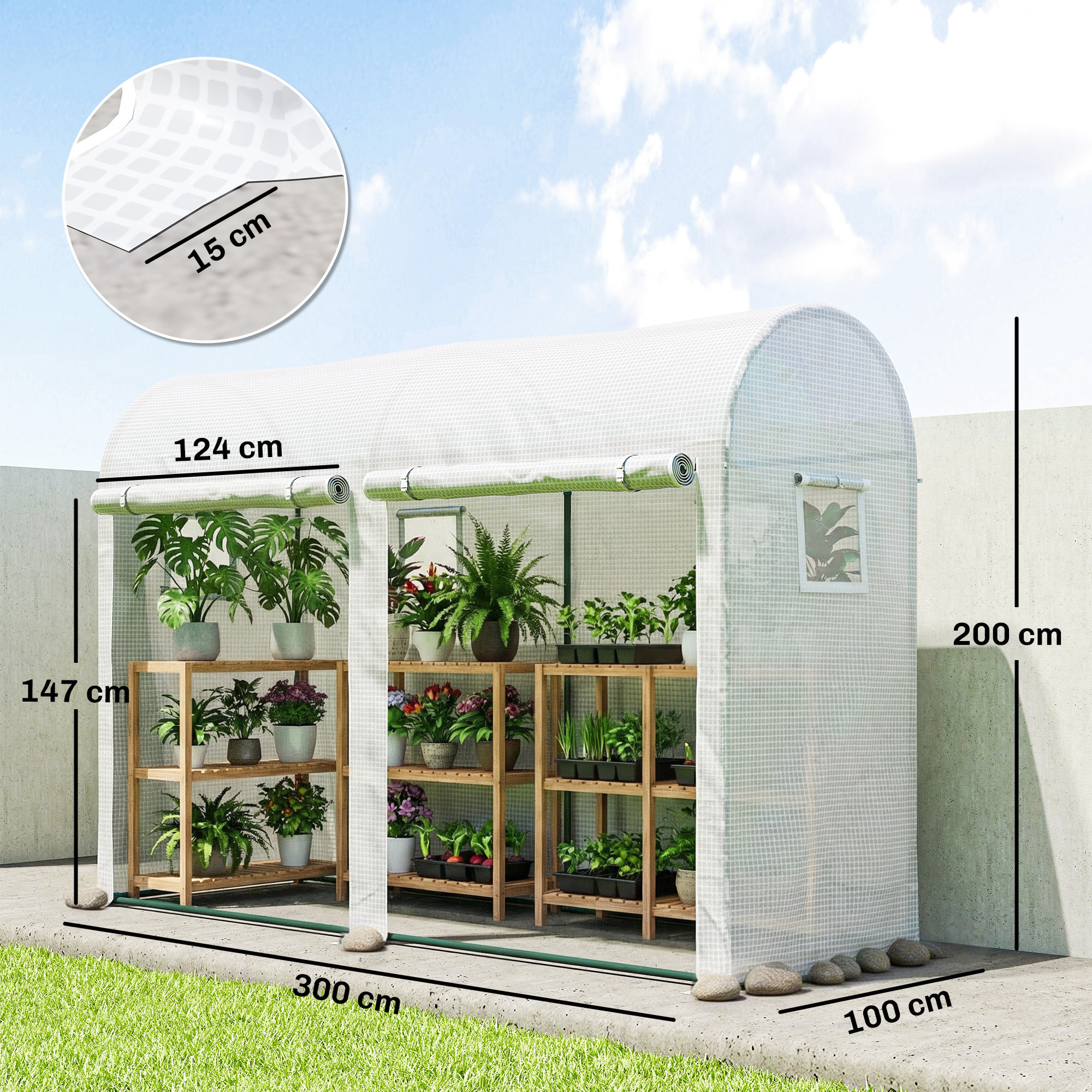 Serre de Jardin serre à tomates dim. 3 x 1 x 2 m 2 portes 4 fenêtres acier PE haute densité blanc
