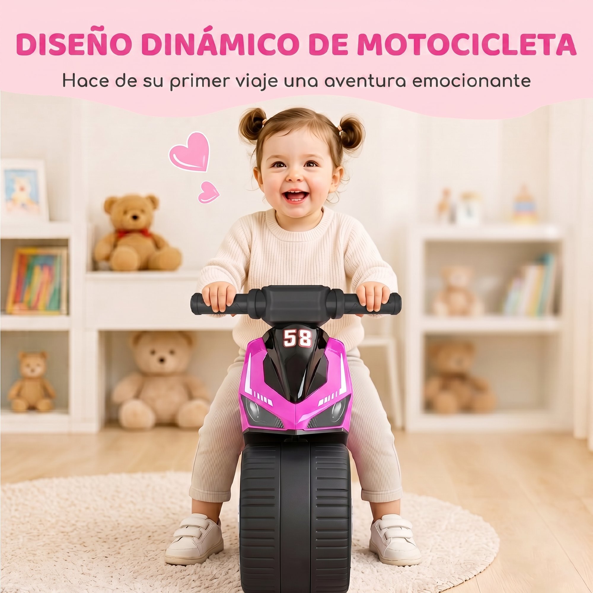Bicicleta sin Pedales, Moto Correpasillos con Música y Ruedas Extra Anchas, Bicicleta de Equilibrio para Niños y Niñas de 18 a 36 Meses, Rosa