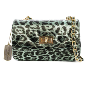 Amaro bolso bandolera mujer. Piel auténtica Gamuza acolchada, animal print leopardo, lacado brillante.