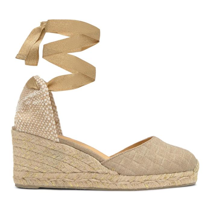 Alpargata Carina cuña de yute en lino metalizado acolchado con cintas