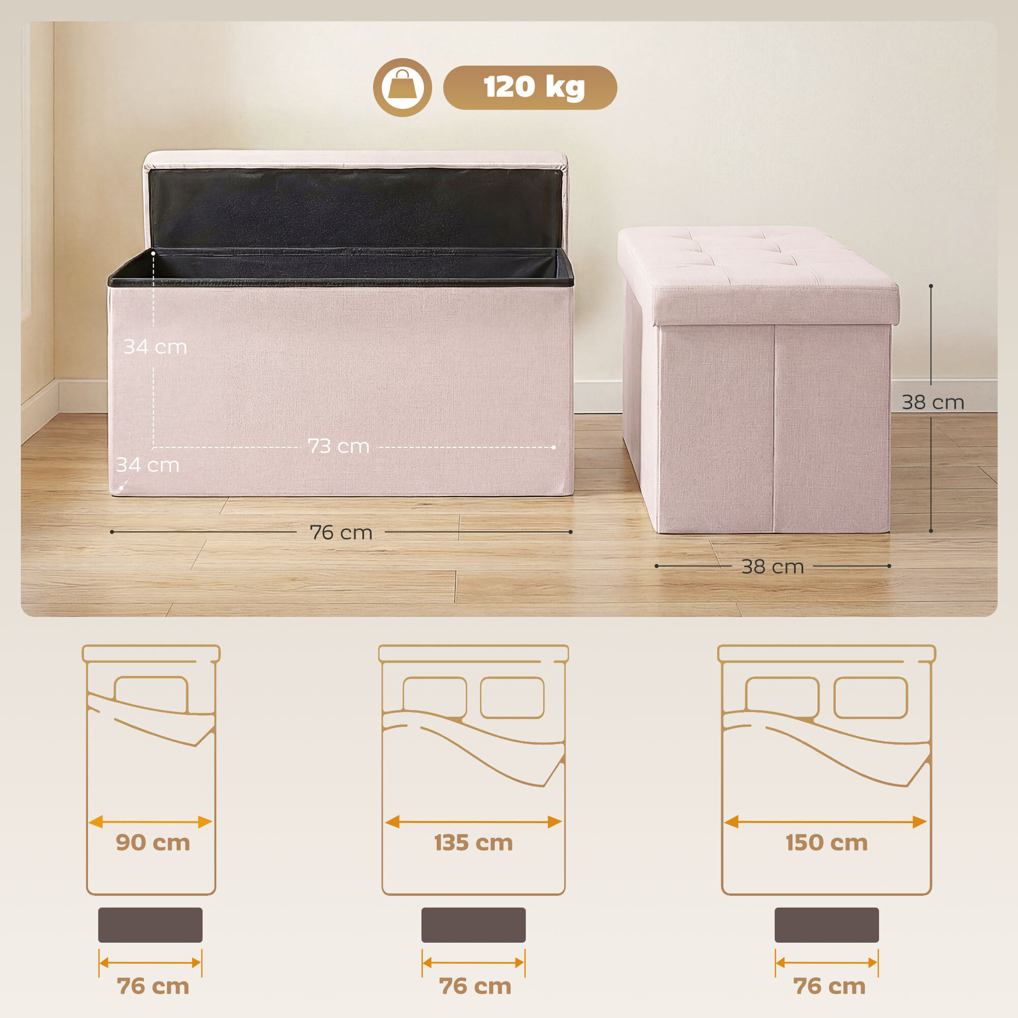 Puff Almacenaje, Banco Almacenaje Plegable, 84 L, 76x38x38 cm, Tapizado en Lino Sintético, Baúl de Almacenamiento, Carga 120 kg, Taburete para Sala de Estar, Dormitorio, Entrada, Rosa