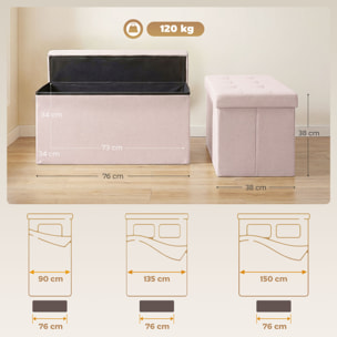 Puff Almacenaje, Banco Almacenaje Plegable, 84 L, 76x38x38 cm, Tapizado en Lino Sintético, Baúl de Almacenamiento, Carga 120 kg, Taburete para Sala de Estar, Dormitorio, Entrada, Rosa