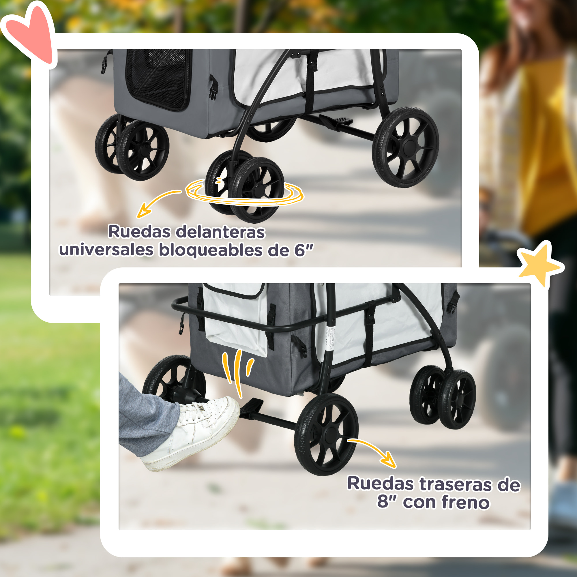 Carrito para Perros 2 en 1 Cochecito para Perros Pequeños Plegable Cochecito para Mascotas con Vagón Desmontable 4 Puertas con Cremallera 2 Correas de Seguridad y Cojín Gris