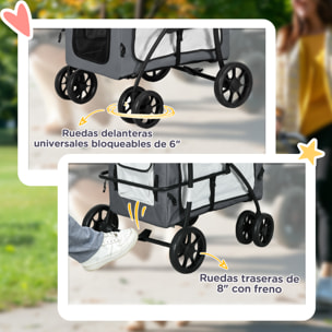 Carrito para Perros 2 en 1 Cochecito para Perros Pequeños Plegable Cochecito para Mascotas con Vagón Desmontable 4 Puertas con Cremallera 2 Correas de Seguridad y Cojín Gris