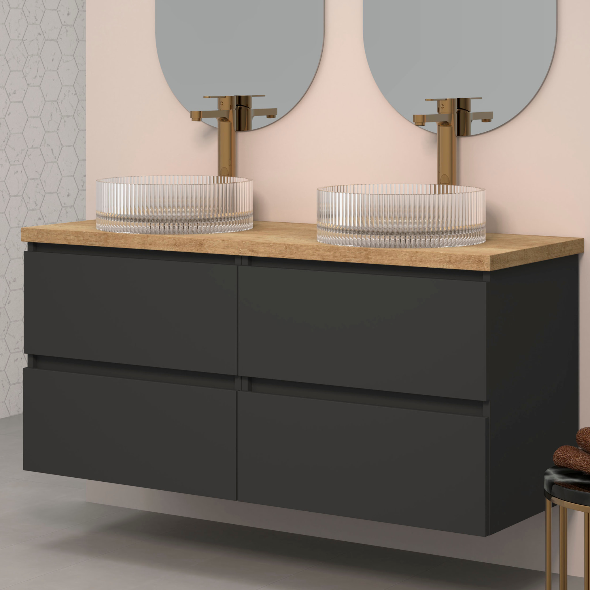 Conjunto de Baño Kub | 140 cm Negro | Cuatro Cajones | Lavabos de Cristal | No incluye Espejo | Mueble Montado | Alday