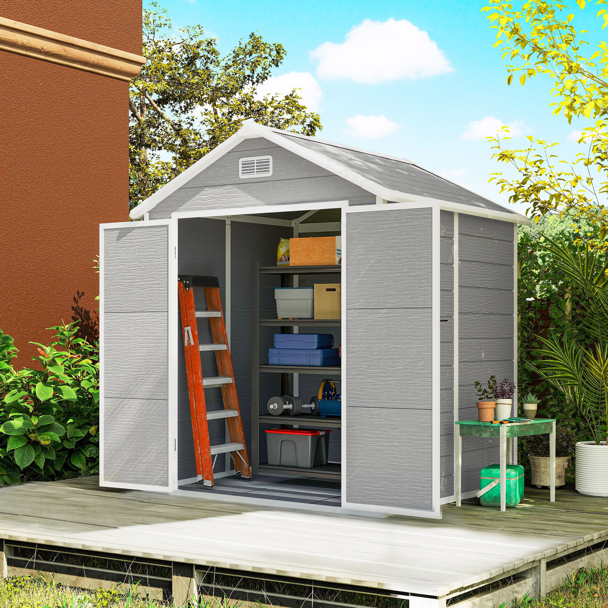 Caseta de Jardín Exterior, 2,4 m², 182x151x219 cm, Cobertizo de Jardín Exterior con Suelo, Puertas con Cerradura, Ventana y Techo Inclinado para Almacenamiento de Herramientas, Gris