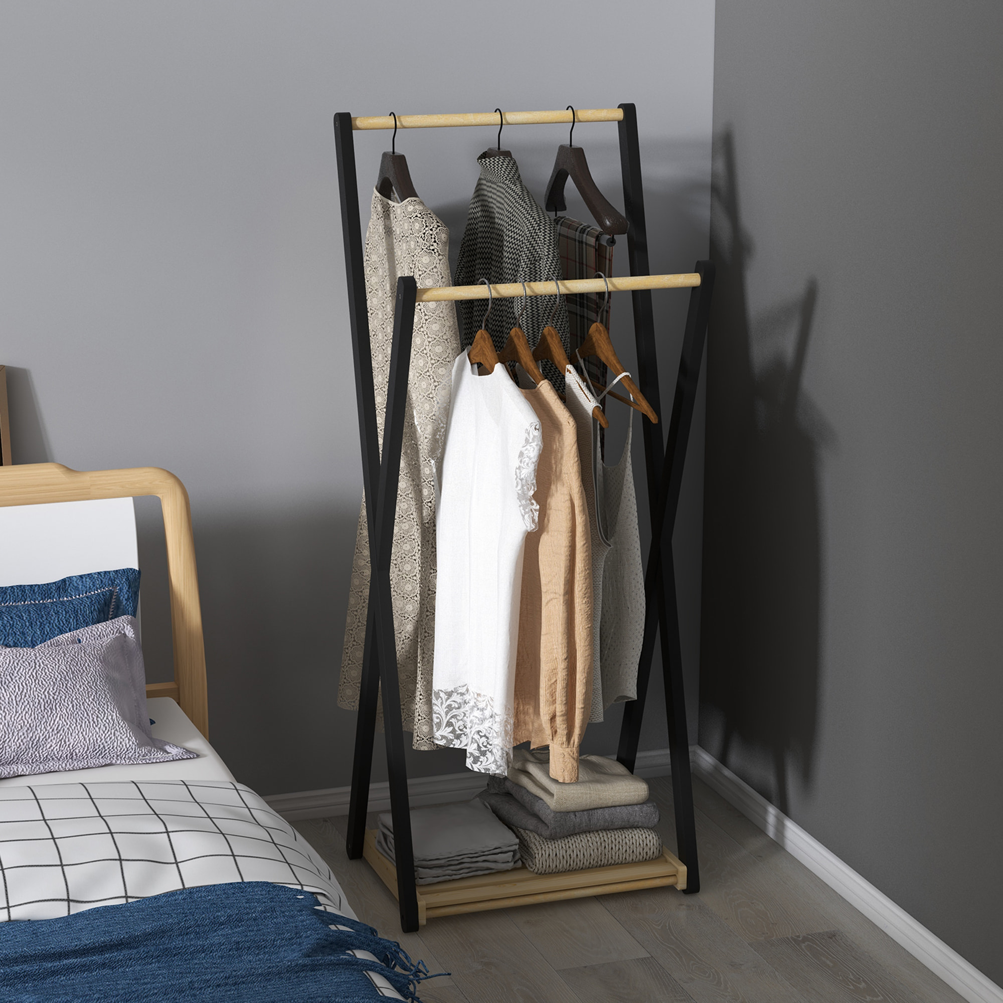 Portant à vêtements design contemporain - 2 barres, étagère - bois de pin naturel noir