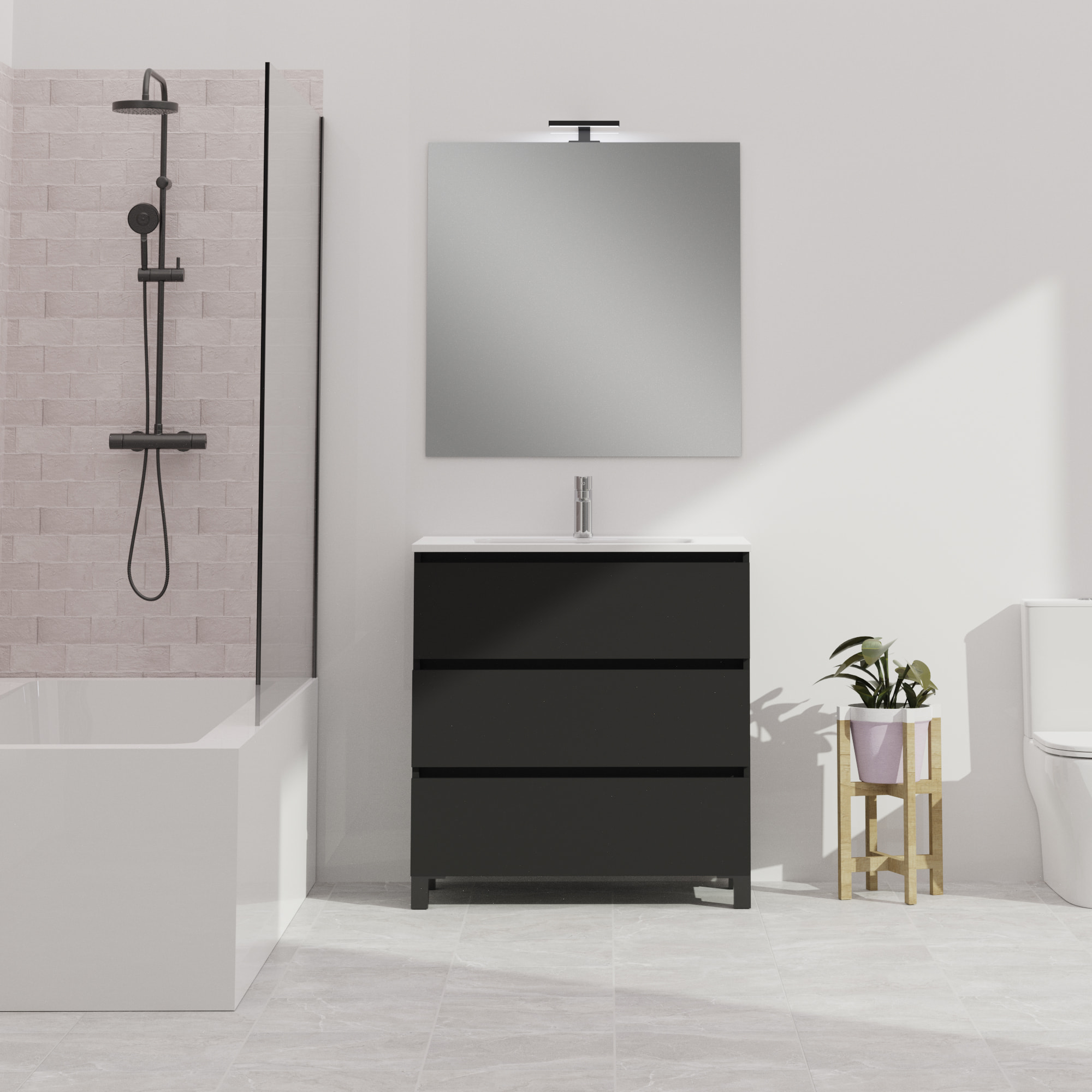 Conjunto de baño Wink | 80 cm Negro Mate | Tres cajones | Lavabo encastrado | No incluye espejo | Mueble montado | Alday