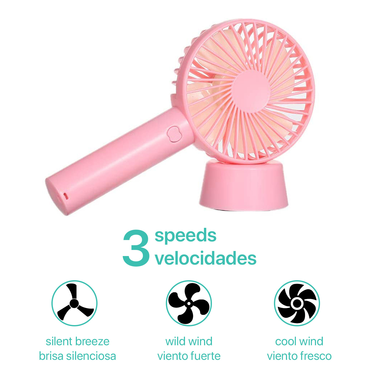 Mini ventilatore portatile con batteria e supporto da scrivania.