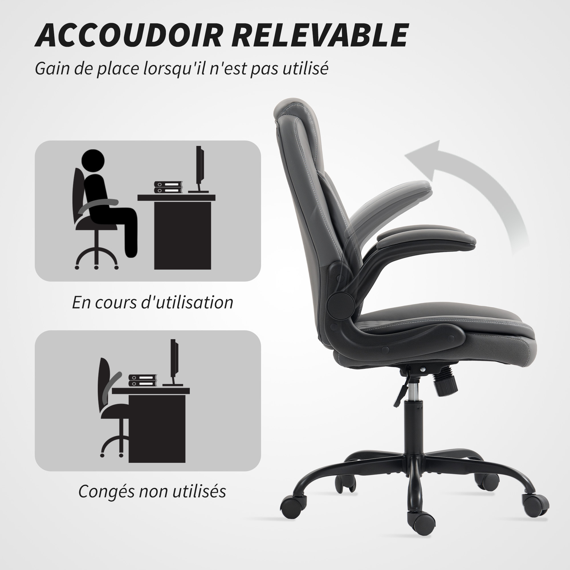 Chaise de bureau design Chesterfield accoudoirs relevables grand confort synthétique gris foncé