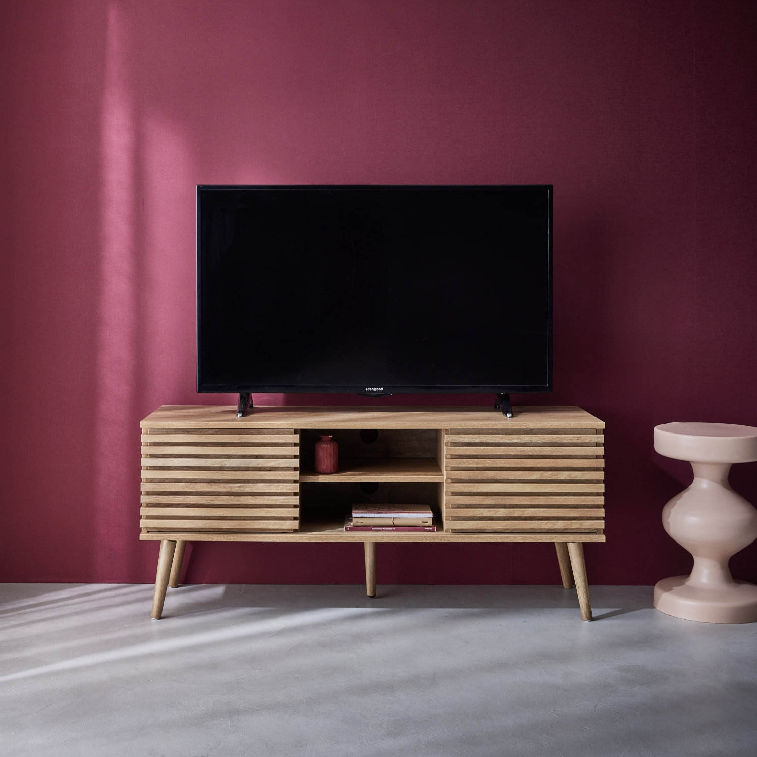 Meuble TV scandinave décor bois rainuré 2 portes 120cm MADERE