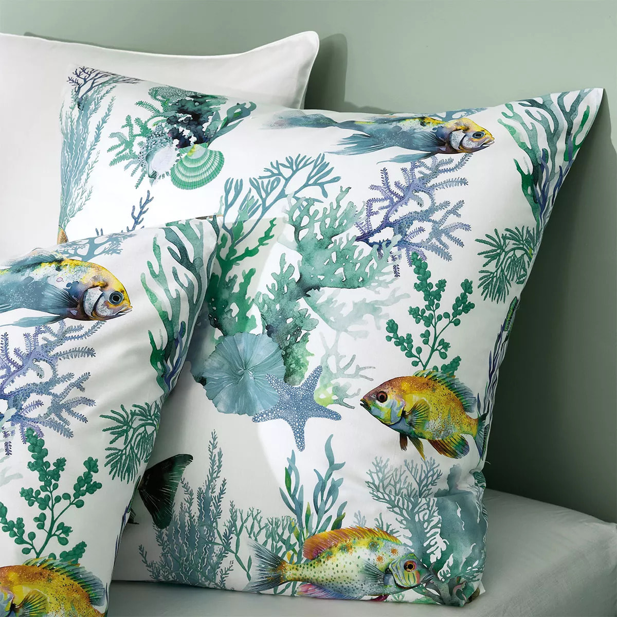 Lot h.couette +taies percale de coton imprimé bleu blanc Naia blanc