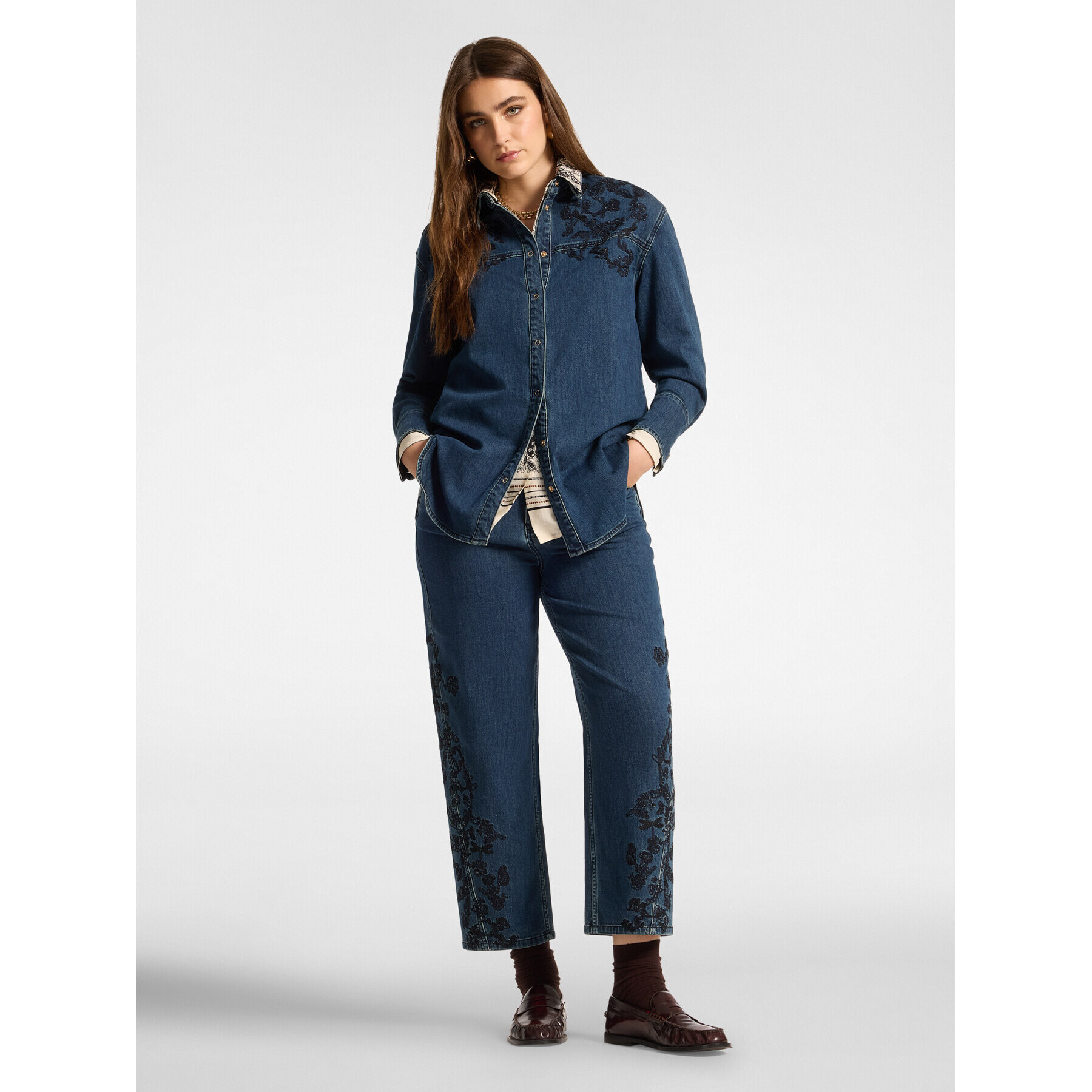 Elena Mirò - Camicia lunga in denim con ricamo - Blu