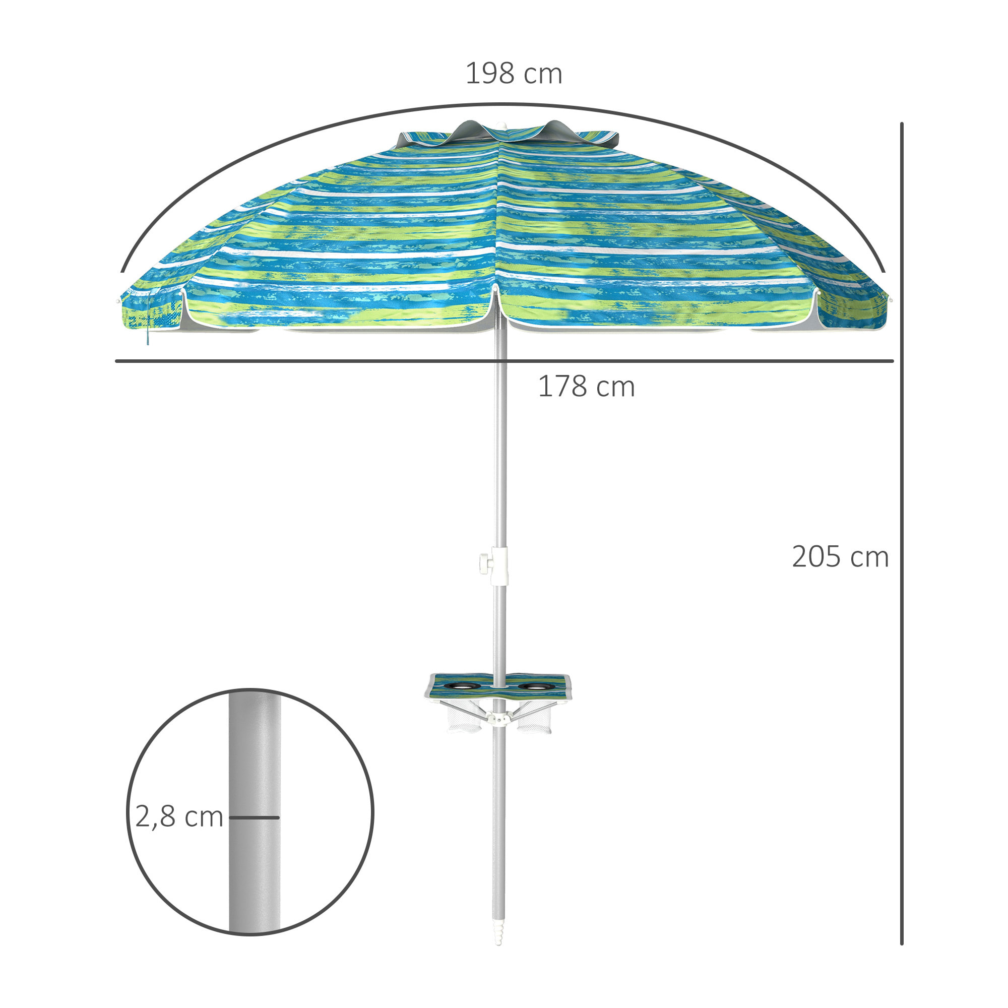 Sombrilla de Playa Ø190x215 cm Parasol para Terraza con Reclinación 45° Altura Ajustable Mesa con Portavasos Anti-UV Impermeable y Bolsa de Transporte para Jardín Piscina Multicolor