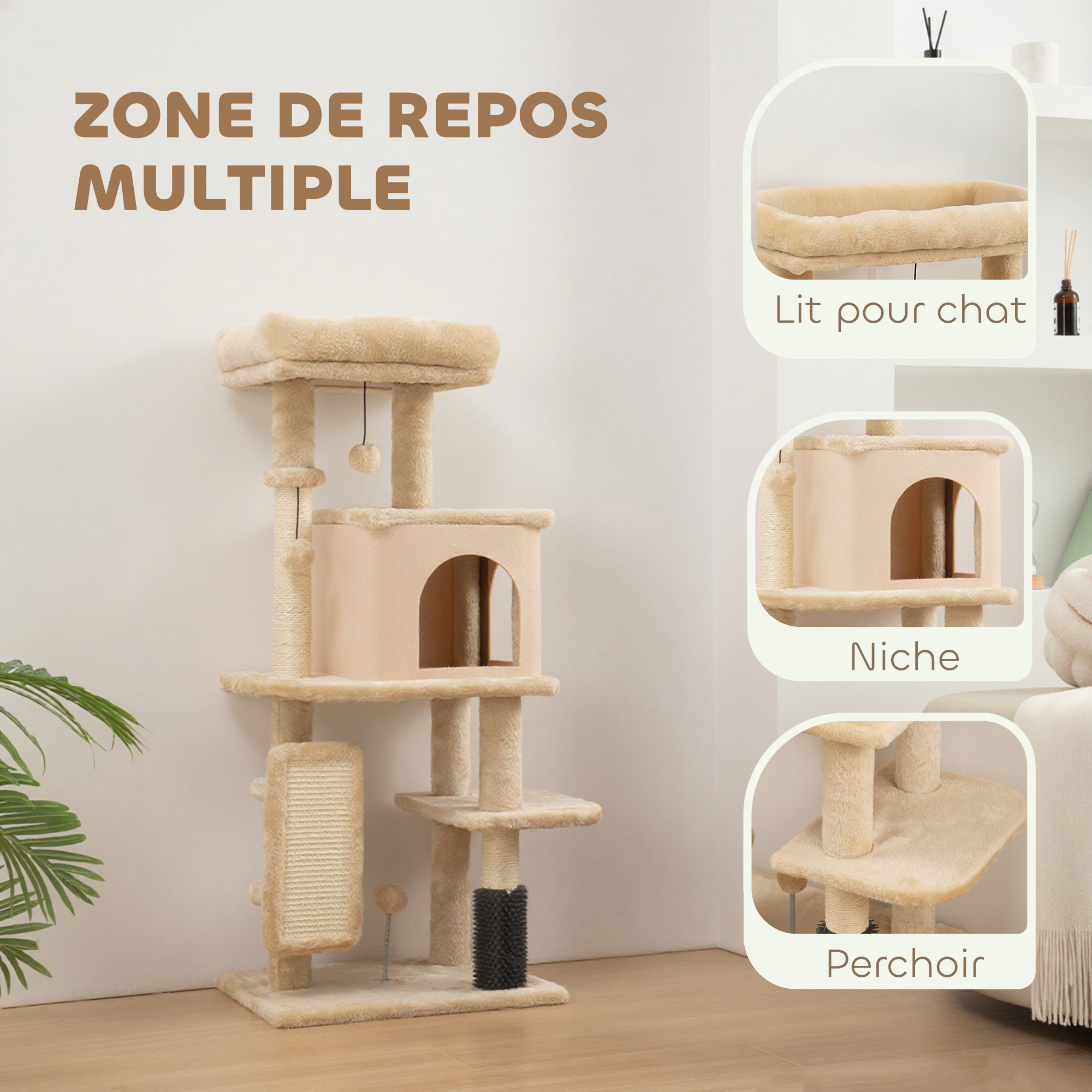 Arbre à chat design beige H.132cm bande massante griffoirs grattoirs nombreux jouets