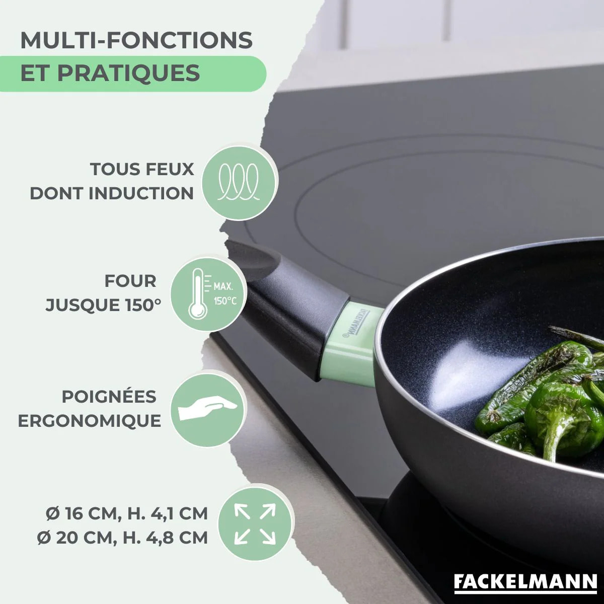 Ensemble de 2 poêles de 16 et 20 cm et 6 ustensiles Fackelmann Brandao