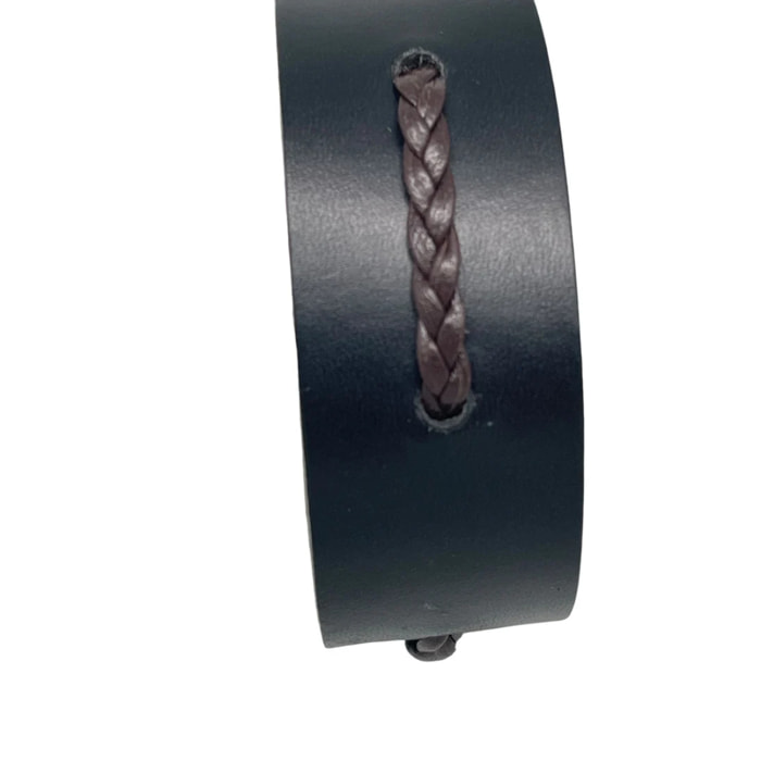 Pulsera brazalete en piel negro con trenzado