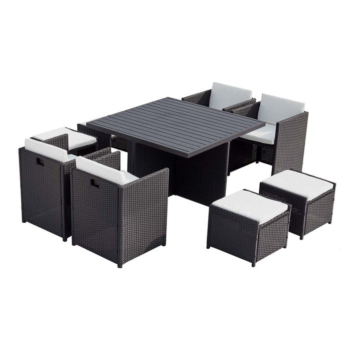 Table et chaise 8 places encastrables alu résine noir-blanc ABASA