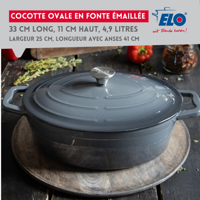 Cocotte ovale en fonte émaillée 33 cm gris classique 5 L Elo