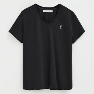 Camiseta negra de manga corta y cuello pico con bordado Rigby Go