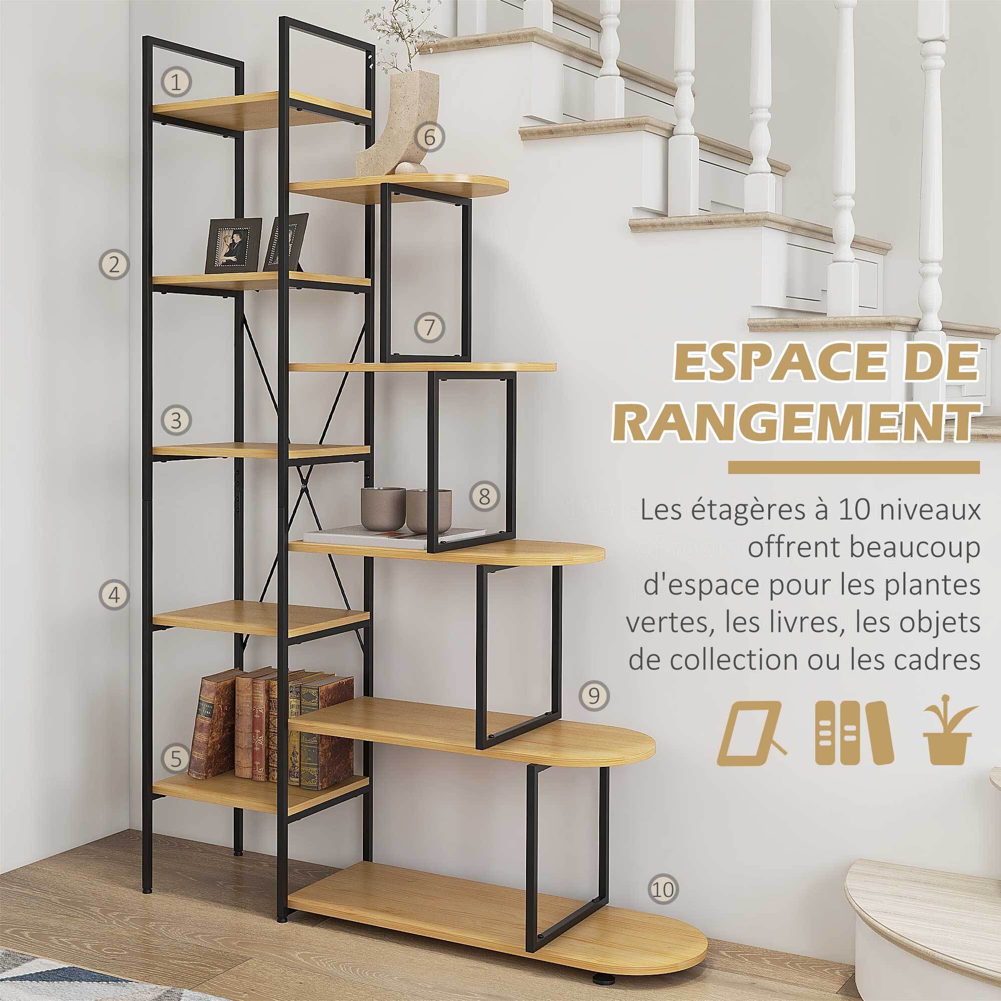 Bibliothèque étagère style industriel - 10 étagères - panneaux particules aspect bois clair acier noir
