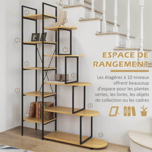 Bibliothèque étagère style industriel - 10 étagères - panneaux particules aspect bois clair acier noir