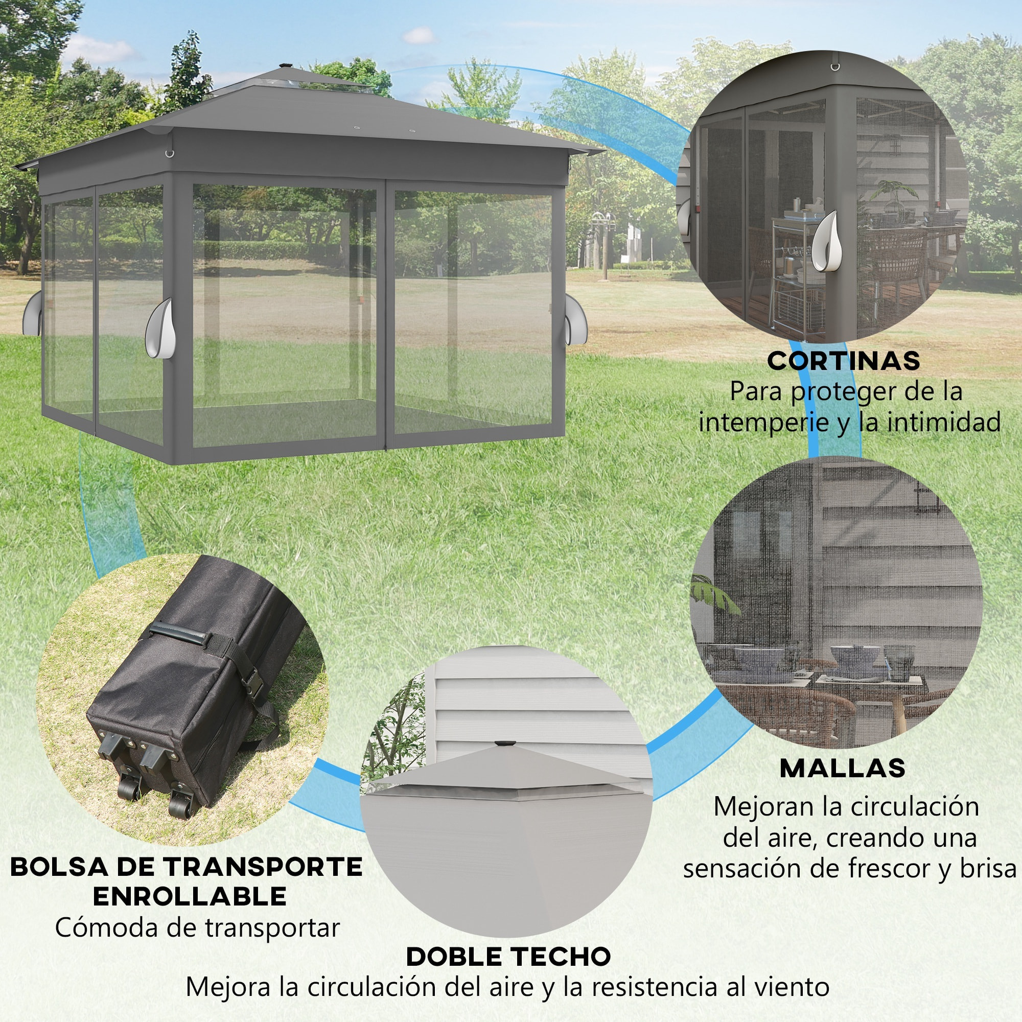 Carpa Plegable 3x3 m Cenador de Jardín con Doble Techo 4 Mosquiteras 20 Luces LED Solares Altura Ajustable Mando a Distancia y Bolsa de Transporte para Jardín Patio Fiestas Gris