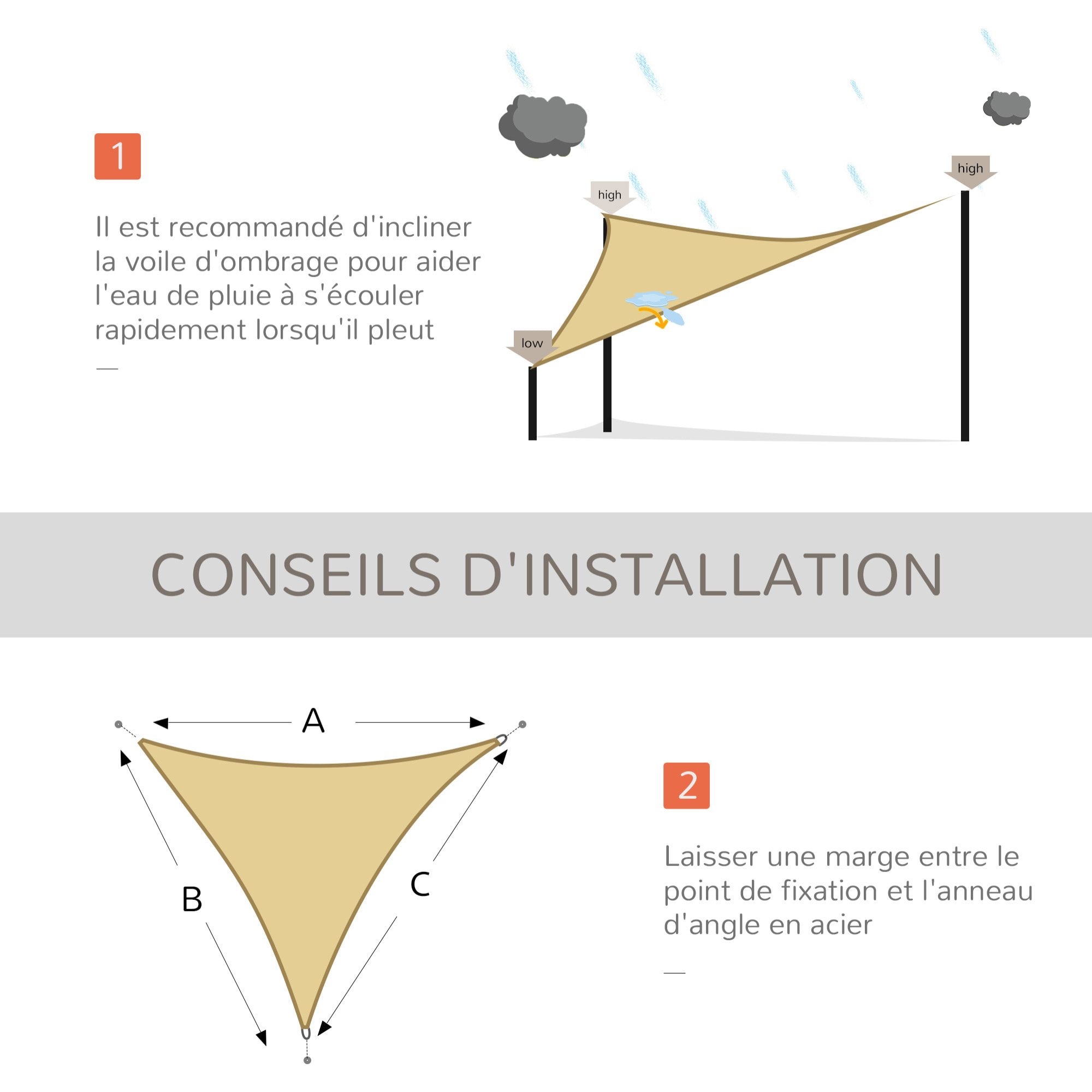 Voile d'ombrage triangulaire grande taille 4 x 4 x 4 m polyéthylène haute densité résistant aux UV coloris sable