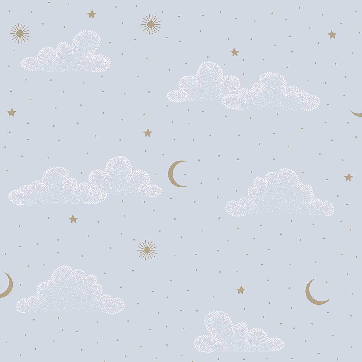 Papier peint nuages étoiles lune fond bleu ciel