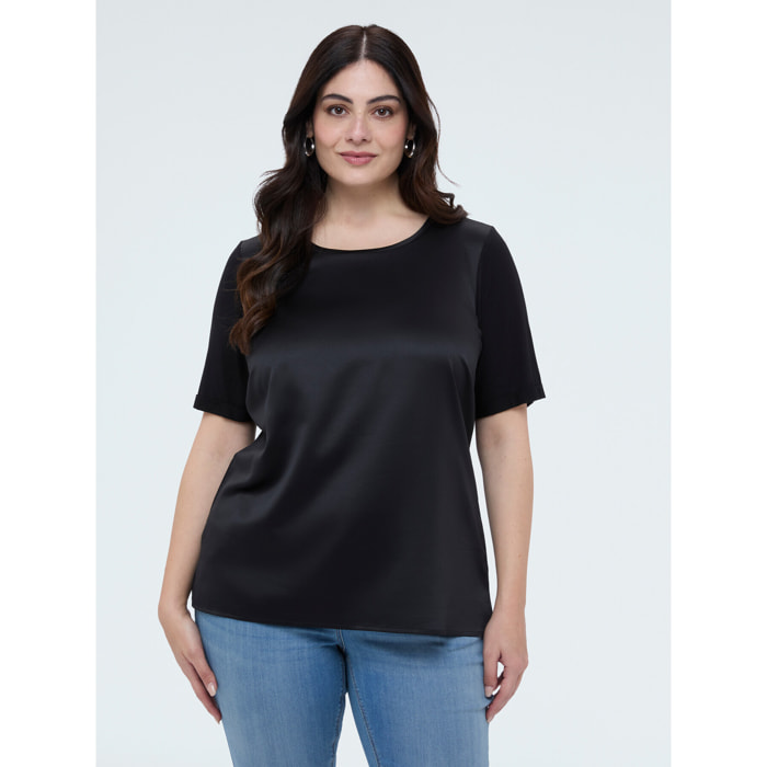 Fiorella Rubino - T-shirt bimaterica con scollo tondo - Nero
