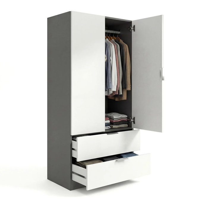 Armario de 2 puertas y 2 cajones en gris grafito y blanco artik 81,5x180 cm Lark Gris Grafito - Blanco Artik (Blanco Mate)