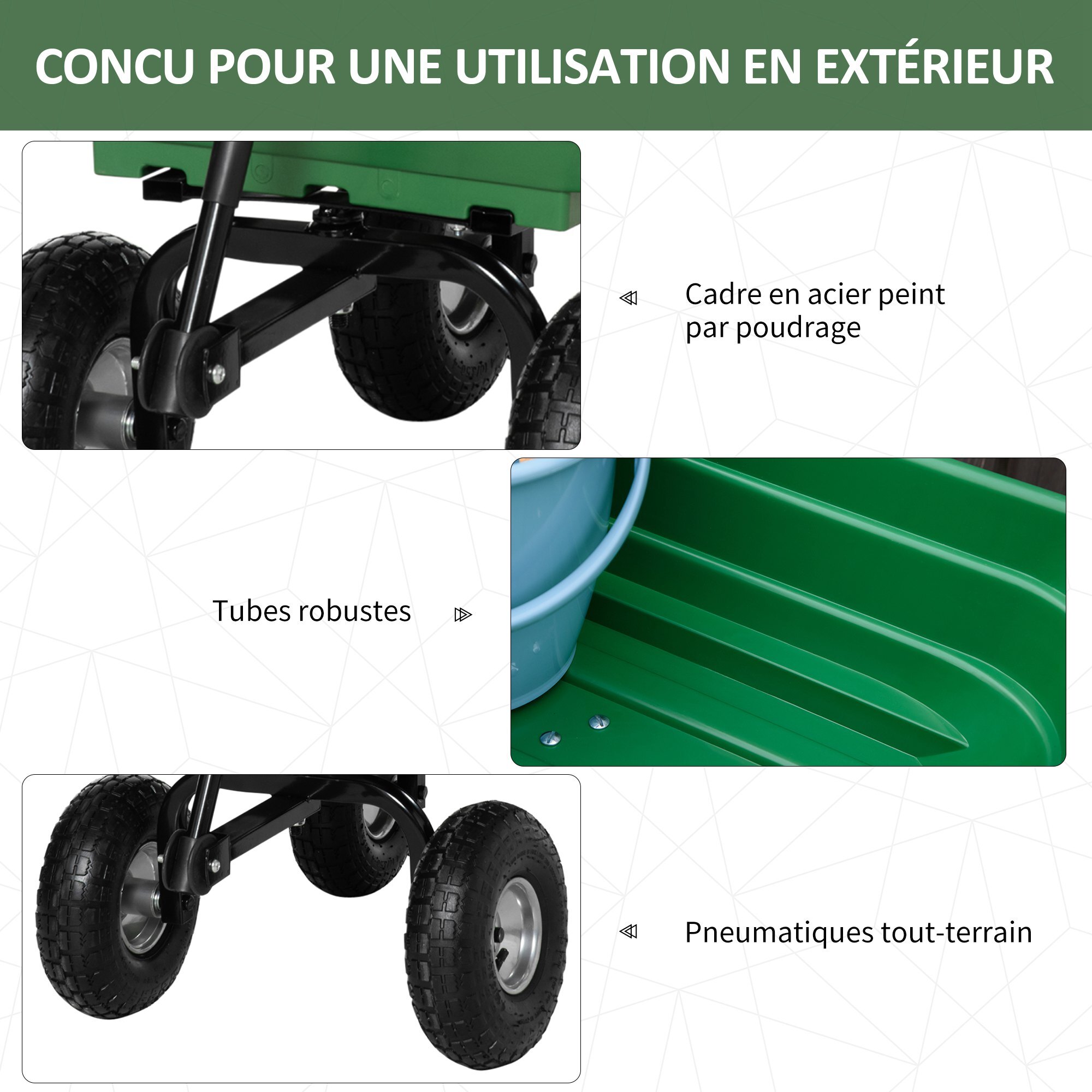 Chariot de Jardin 100L max. 250 Kg 4 roues pneumatiques poignée réglable noir vert