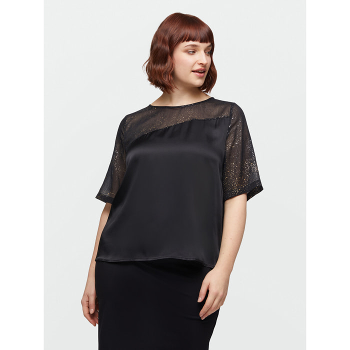 Fiorella Rubino - Blusa de dos tejidos con estampado dorado - Negro