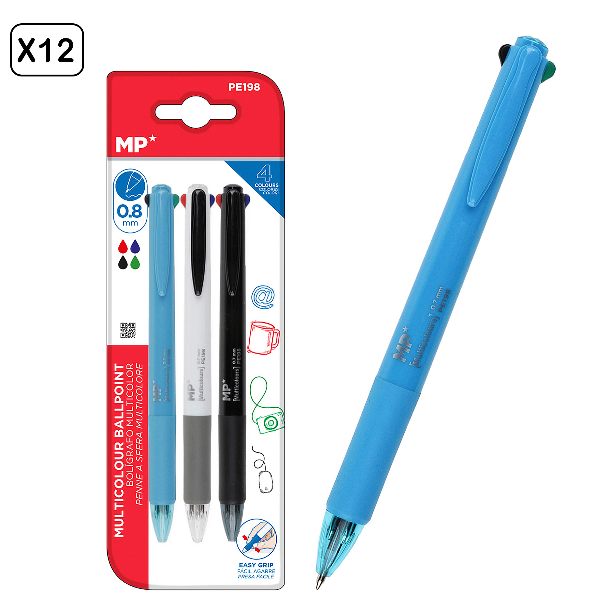 12 PACKS BOLÍGRAFO 4 COLORES 3 Uds. Cuerpo azul, negro y blanco.