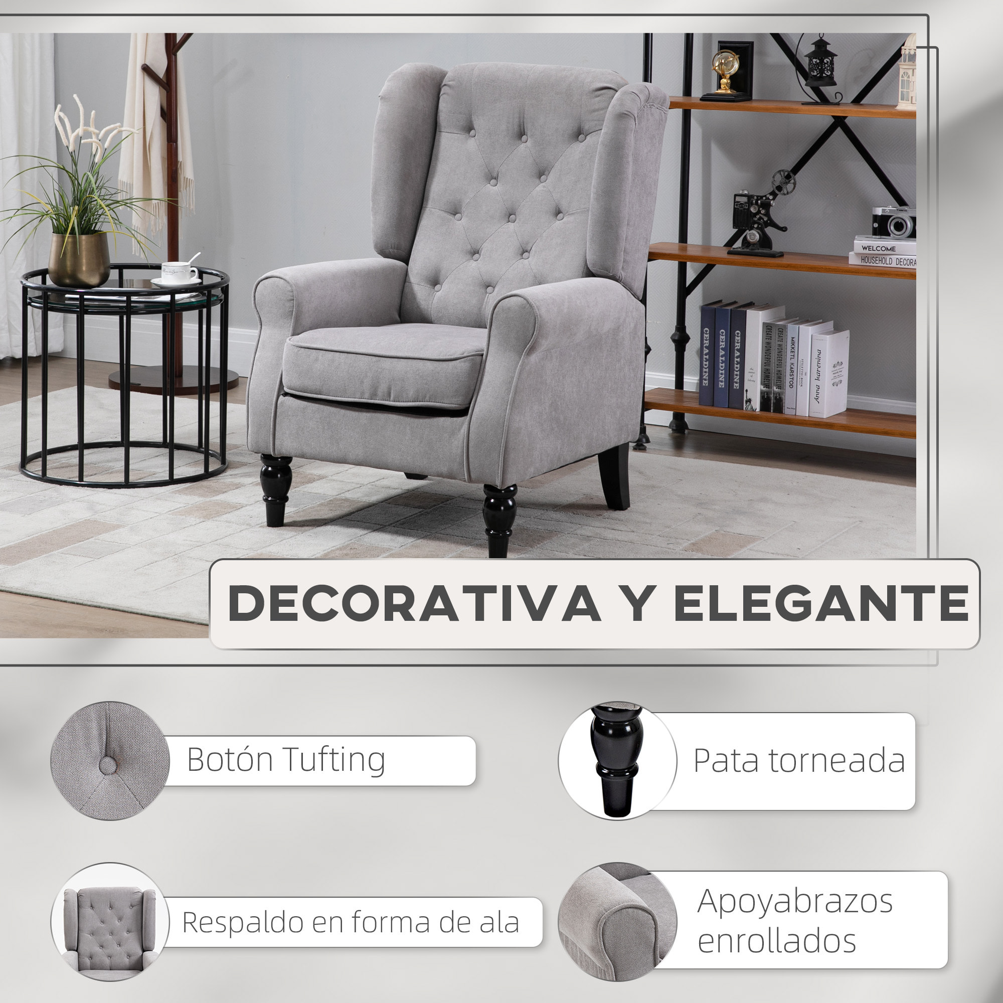 Sillón de Salón Moderno Butaca para Dormitorio con Reposacabezas y Patas de Madera Sofá Individual Carga 160 kg para Oficina Sala de Estar Gris